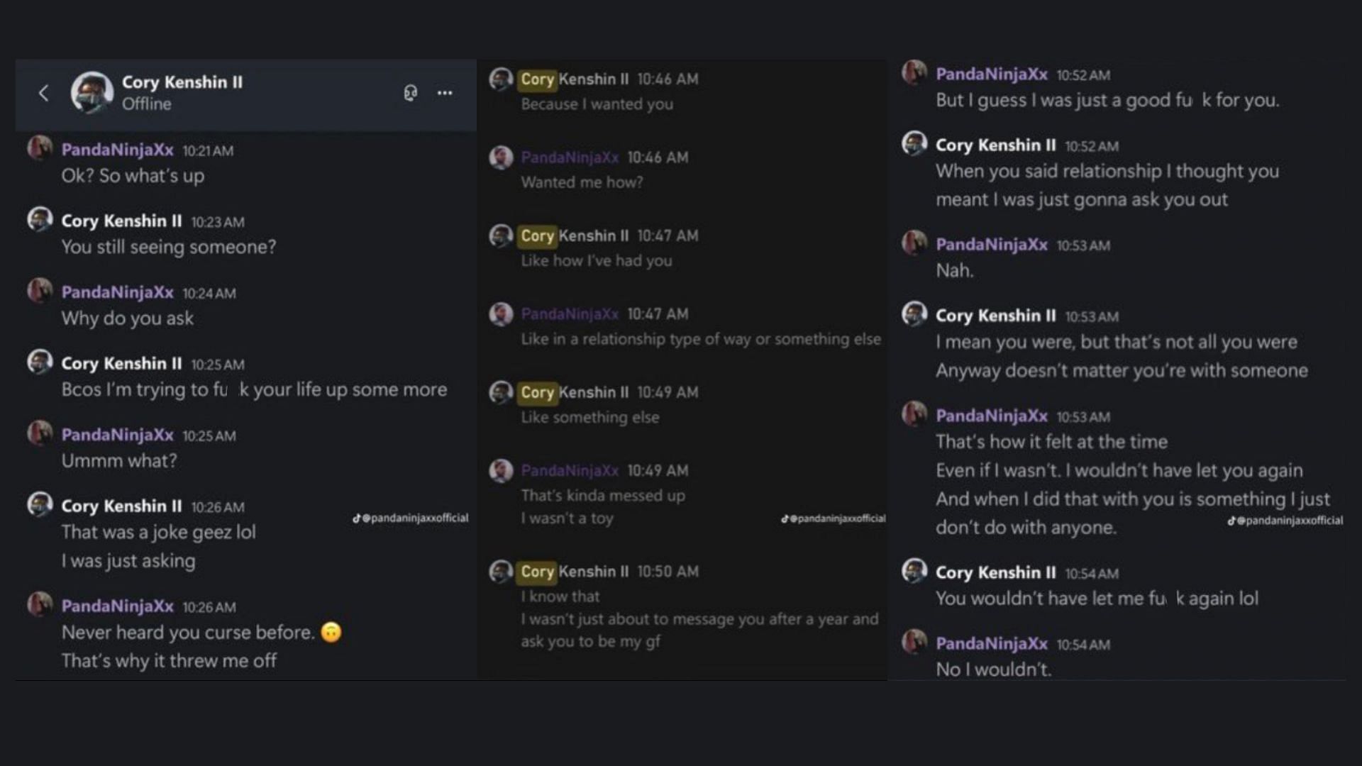 Screenshots posted on PandaNinjaXx's TikTok page (Images via @NO3D_TV_KICK/X)